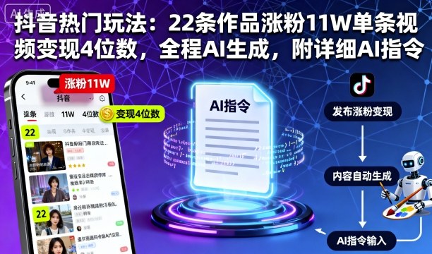 抖音热门玩法：22条作品涨粉11W单条视频变现4位数，全程AI生成，附详细AI指令-项目网