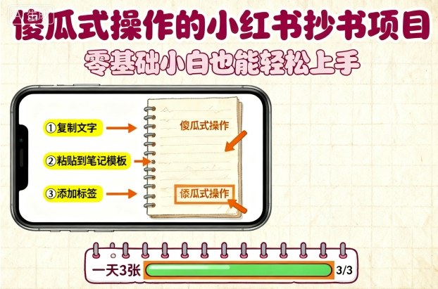 傻瓜式操作的小红书抄书项目，会复制粘贴就行，零基础小白也能一天3张-项目网