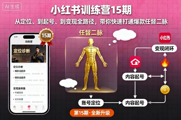 小红书训练营15期，从定位、到起号、到变现全路径，带你快速打通爆款任督二脉-项目网