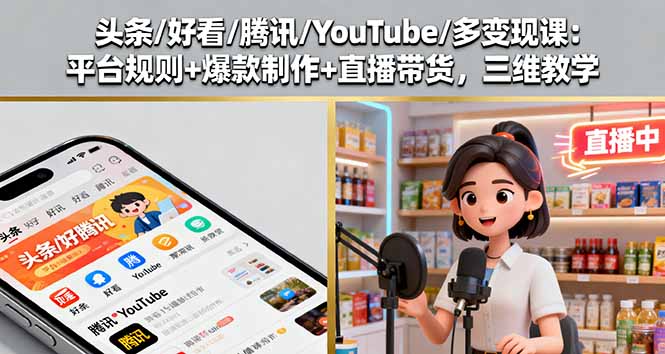 头条/好看/腾讯/YouTube/多变现课：平台规则+爆款制作+直播带货，三维教学-项目网