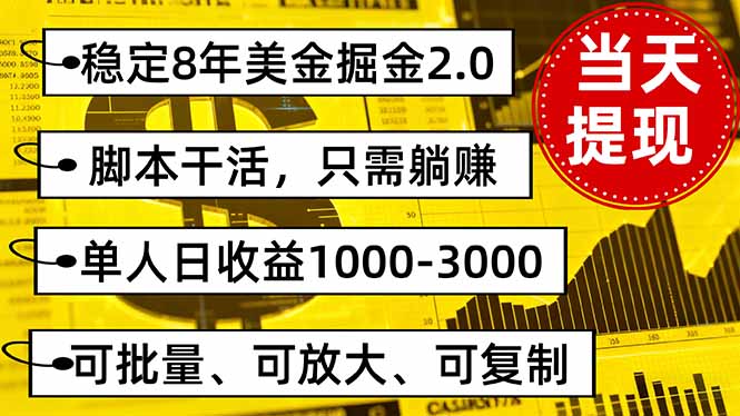 稳定8年美金掘金2.0脚本干活，只需躺赚。单人日收益1000-3000可批量、…-项目网