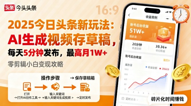 2025年今日头条躺賺新玩法，AI生成视频存草稿，每天5分钟发布，最高月1W+【揭秘】-项目网