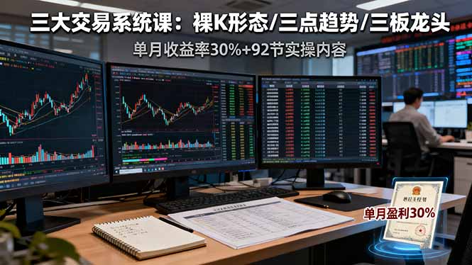 三大交易系统课：裸K形态/三点趋势/三板体系，单月收益率30%+92节实操内容-项目网
