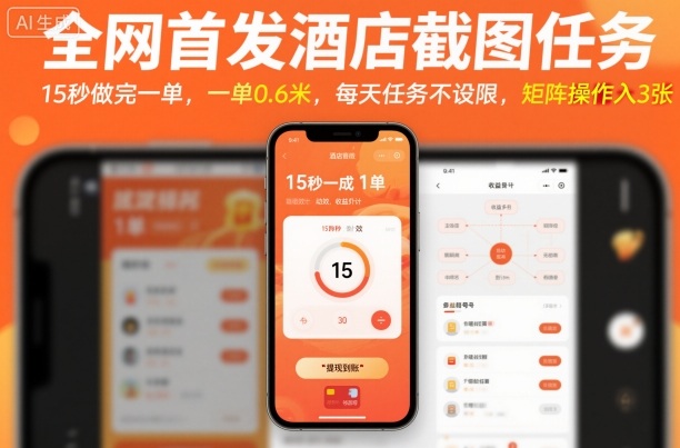 全网首发酒店截图任务，15秒做完一单，一单0.6米，每天任务不设限，矩阵操作日入3张【揭秘】-项目网