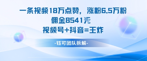 一条视频18W点赞，涨粉6.5W粉佣金8541米，视频号+抖音=王炸-项目网