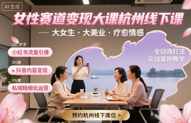 女性赛道变现大课杭州线下，大女生，大美业，疗愈情感，一套小红书、抖音、私域全链路打法-项目网