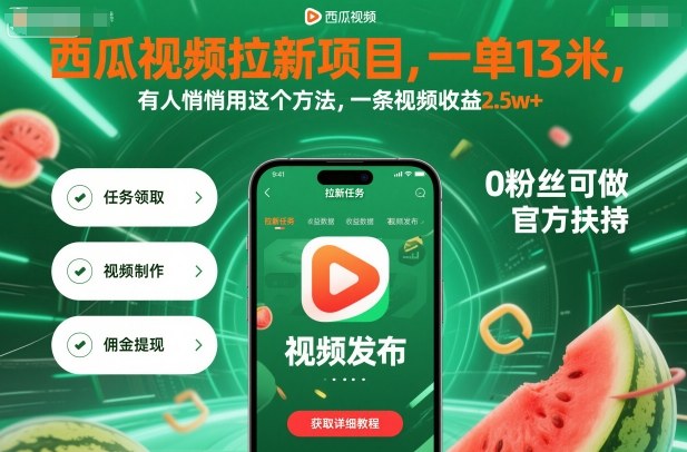 西瓜视频拉新项目，一单13米，有人悄悄用这个方法，一条视频收益2.5w+(附详细教程)-项目网