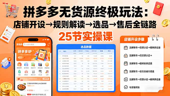 拼多多无货源终极玩法：店铺开设→规则解读→选品→售后全链路,25节实操课-项目网
