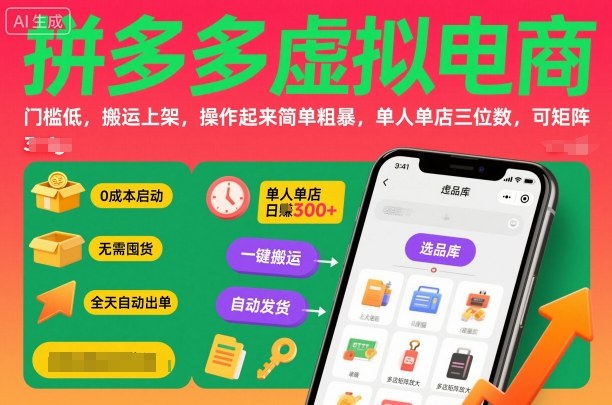 拼多多虚拟电商，门槛低，搬运上架，操作起来简单粗暴，单人单店三位数，可矩阵-项目网