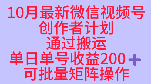 10月最新视频号收益最大化赛道长久稳定红利项目，单日单号收益2张+可批量矩阵操作-项目网