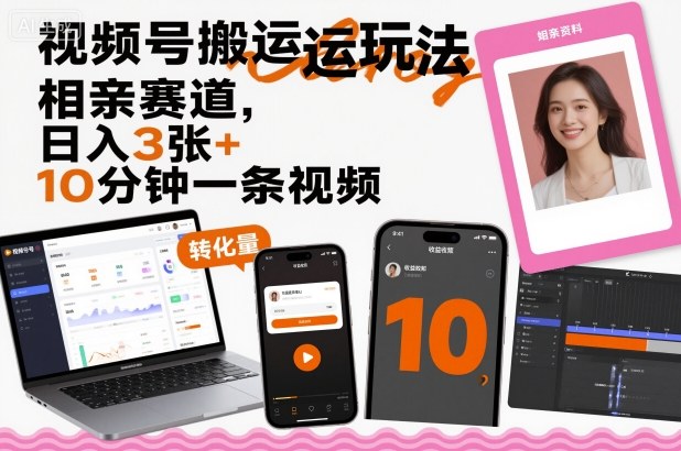 视频号搬运玩法，相亲赛道，日入3张+，10分钟一条视频-项目网