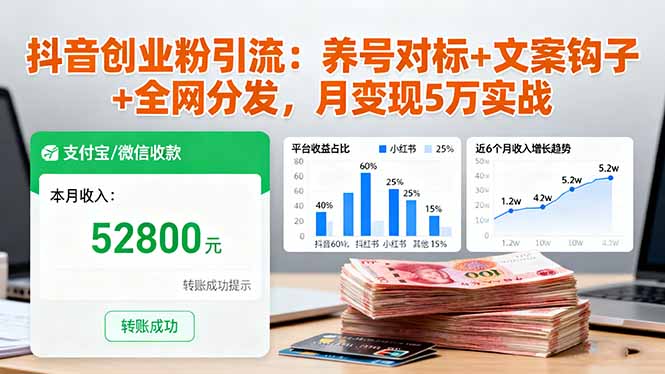 抖音创业粉引流：养号对标+文案钩子+全网分发，月变现5万实战-项目网