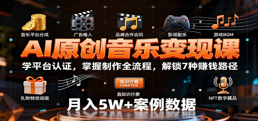 AI原创音乐变现课：学平台认证，掌握制作全流程，解锁7种赚钱路径-项目网