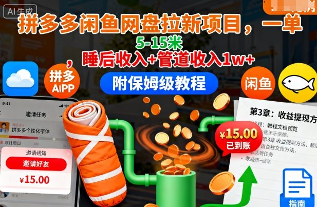 拼多多闲鱼网盘拉新项目，一单5-15米，睡后收入+管道收入1w+(附保姆级教程)-项目网