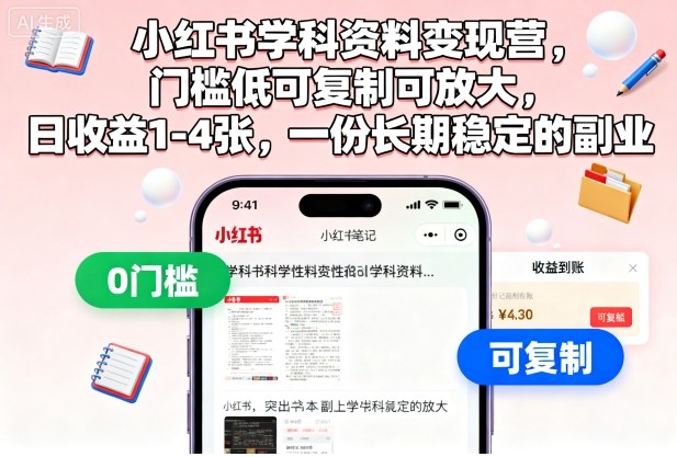 小红书学科资料变现营,门槛低可复制可放大,日收益1-4张,一份长期稳定的副业-项目网