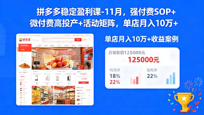 拼多多稳定盈利课-11月，强付费SOP+微付费高投产+活动矩阵，单店月入10万+-项目网