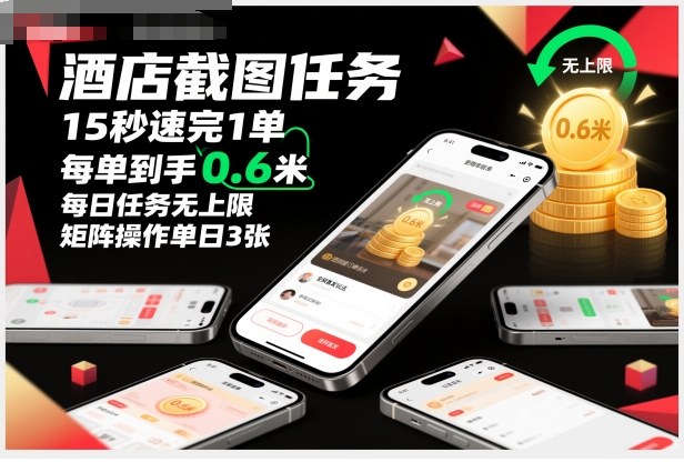 酒店截图任务，15秒速完1单，每单到手0.6米，每日任务无上限，全网首发玩法，矩阵操作单日3张【揭秘】-项目网
