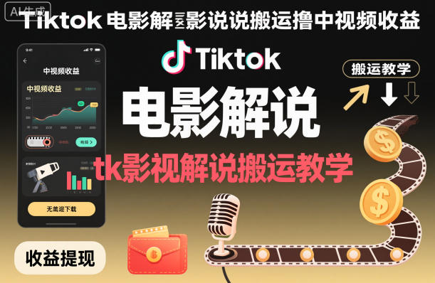 Tiktok电影解说搬运撸中视频收益，tk影视解说搬运教学-项目网