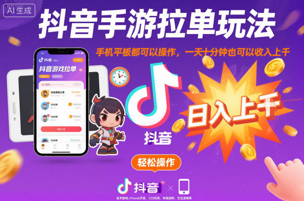 抖音手游拉单玩法，手机平板都可以操作，一天十分钟也可以收入上K【揭秘】-项目网