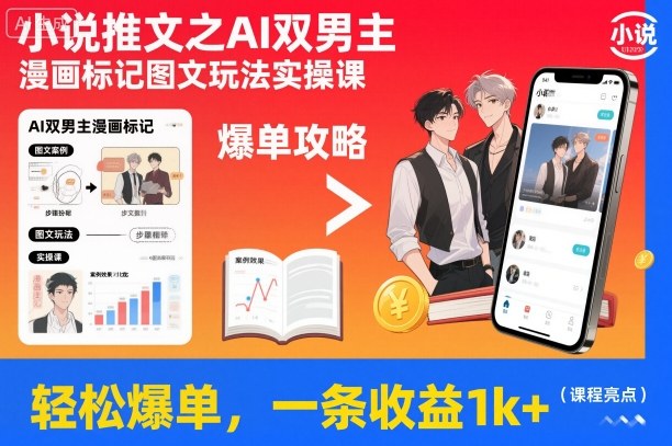 小说推文之AI双男主漫画标记图文玩法实操课，轻松爆单，一条收益1k+-项目网