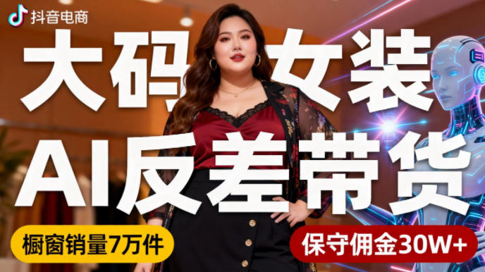 抖音小众赛道，大码女装AI反差带货，不用直播，每天6条作品，橱窗卖7万件，保守佣金30W+-项目网