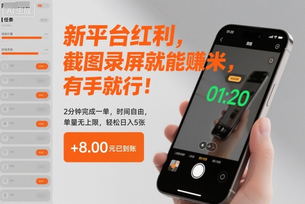新平台红利，截图录屏就能賺米，有手就行！2分钟完成一单，时间自由，单量无上限，轻松日入5张【揭秘】-项目网