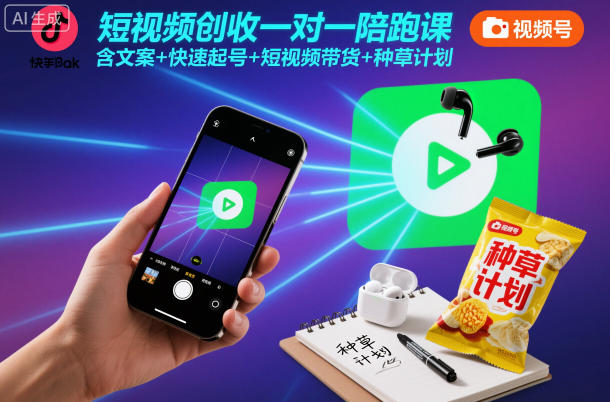 短视频创收一对一陪跑课，含文案+快速起号+短视频带货+种草计划-项目网