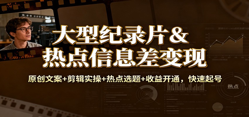 大型纪录片&热点信息差变现：原创文案+剪辑实操+热点选题+收益开通，快速起号-项目网