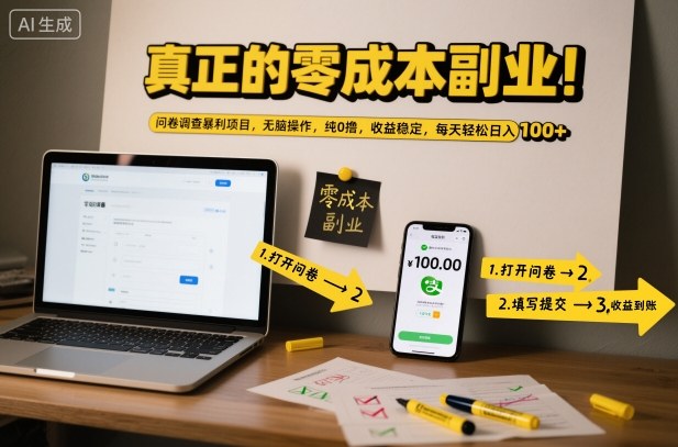 真正的零成本副业！问卷调查暴利项目，无脑操作，纯0撸，收益稳定，每天轻松日入100+【揭秘】-项目网