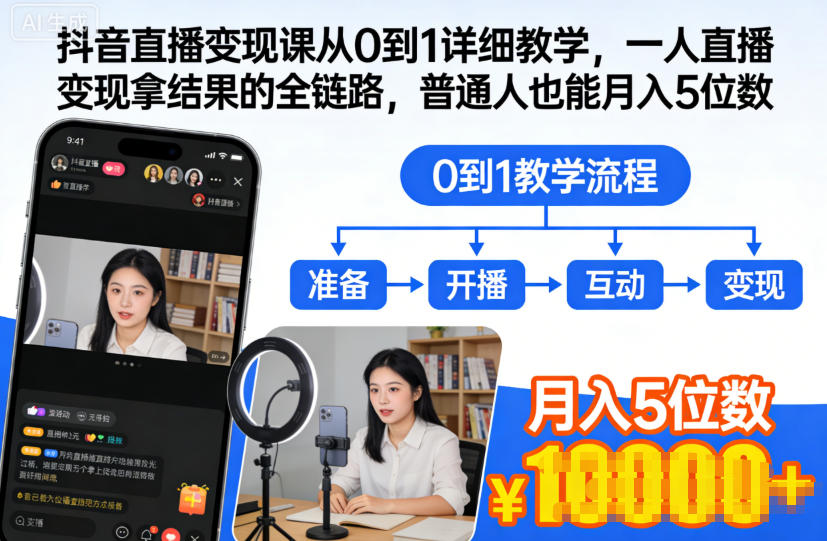 抖音直播变现课从0到1详细教学，一人直播变现拿结果的全链路，普通人也能月入5位数-项目网
