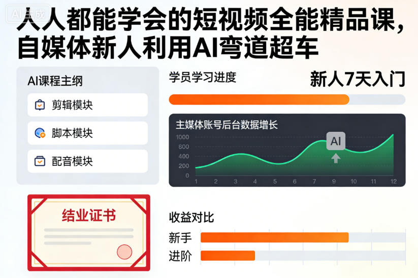 人人都能学会的短视频全能精品课，自媒体新人利用AI弯道超车-项目网