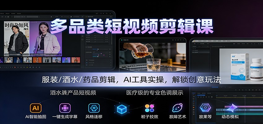 多品类短视频剪辑课：服装/酒水/药品剪辑，AI工具实操，解锁创意玩法-项目网