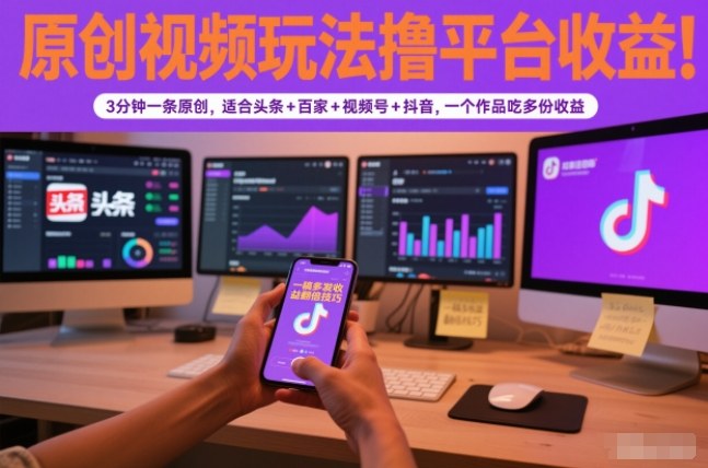 原创视频玩法撸平台收益，3分钟一条原创，适合头条+百家+视频号+抖音，一个作品吃多份收益-项目网