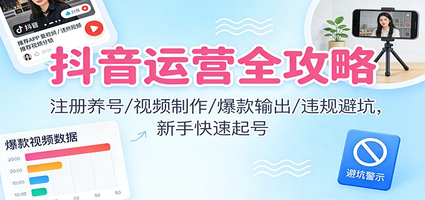 抖音运营全攻略：注册养号/视频制作/爆款输出/违规避坑，新手快速起号-项目网