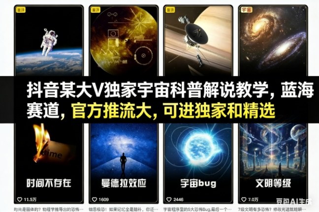 抖音某大V独家宇宙科普解说教学，蓝海赛道，官方推流大，可进独家和精选-项目网