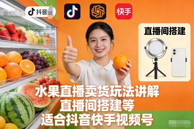 水果直播卖货玩法讲解、直播间搭建等，适合抖音快手视频号-项目网