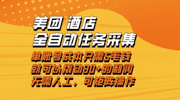 美团酒店全自动任务采集，单账号几毛钱就能撬动30+利润，成本低，操作简单，当天到账【揭秘】-项目网