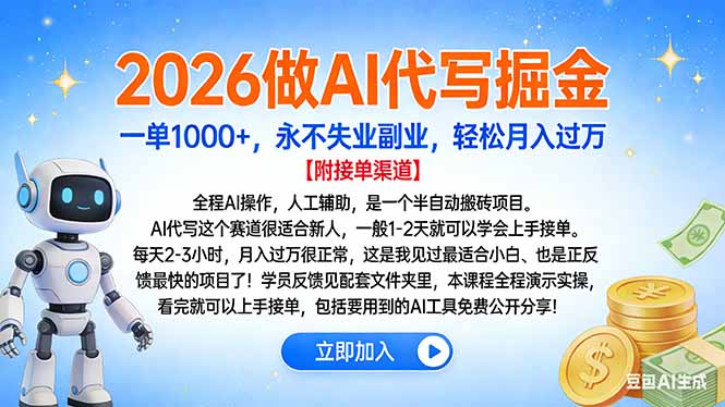 2026做AI代写掘金，一单1000+，永不失业副业，轻松月入过万-项目网