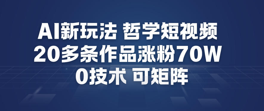 AI新玩法哲学短视频制作教学，20多条作品涨粉70W，0成本赛道，可矩阵-项目网