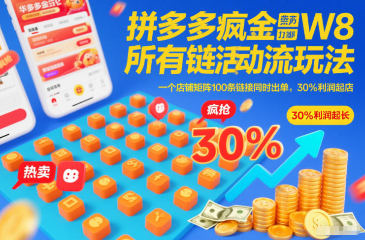 拼多多疯狂活动流玩法，所有链接全部打标，一个店铺矩阵100条链接同时出单，30%利润起店-项目网