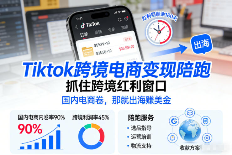 Tiktok跨境电商变现陪跑，抓住跨境红利窗口，国内电商卷，那就出海賺美金-项目网