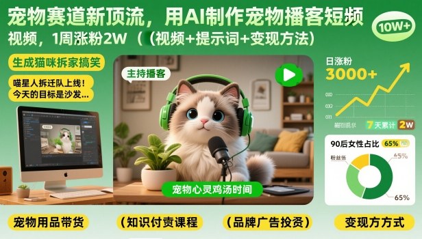 宠物赛道新顶流，用AI制作宠物播客短视频，1周涨粉2W(视频+提示词+变现方法)-项目网