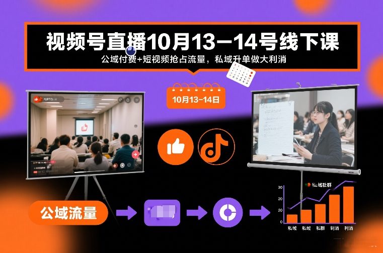 视频号直播10月13-14号线下课，公域付费+短视频抢占流量，私域升单做大利消-项目网