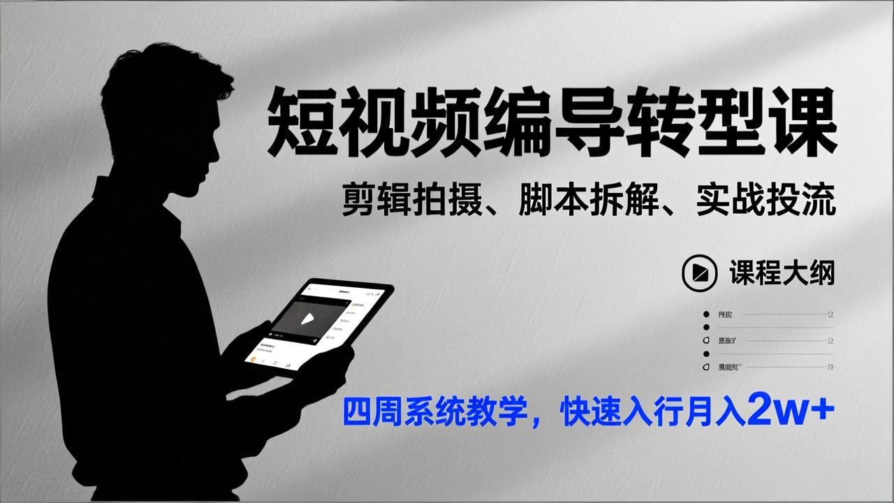 短视频编导转型课，剪辑拍摄、脚本拆解、实战投流，四周系统教学，快速入行月入2w+-项目网
