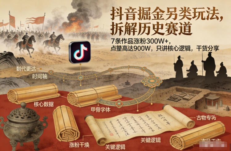 抖音掘金另类玩法，拆解历史赛道，7条作品涨粉300W+，点赞量高达900W，只讲核心逻辑，干货分享-项目网