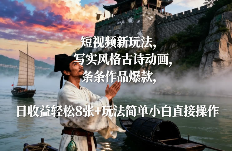 短视频新玩法，写实风格古诗动画，条条作品爆款，日收益轻松8张+玩法简单小白直接操作-项目网