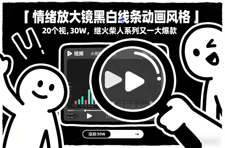 情绪放大镜黑白线条动画风格，20个视频，涨粉30W，继火柴人系列又一大爆款-项目网