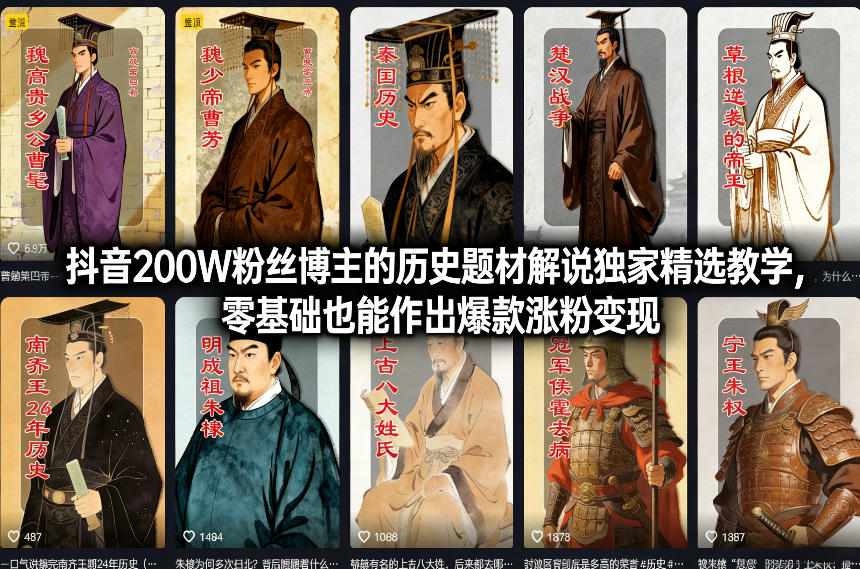 抖音200W粉丝博主的历史题材解说独家精选教学，零基础也能作出爆款涨粉变现-项目网