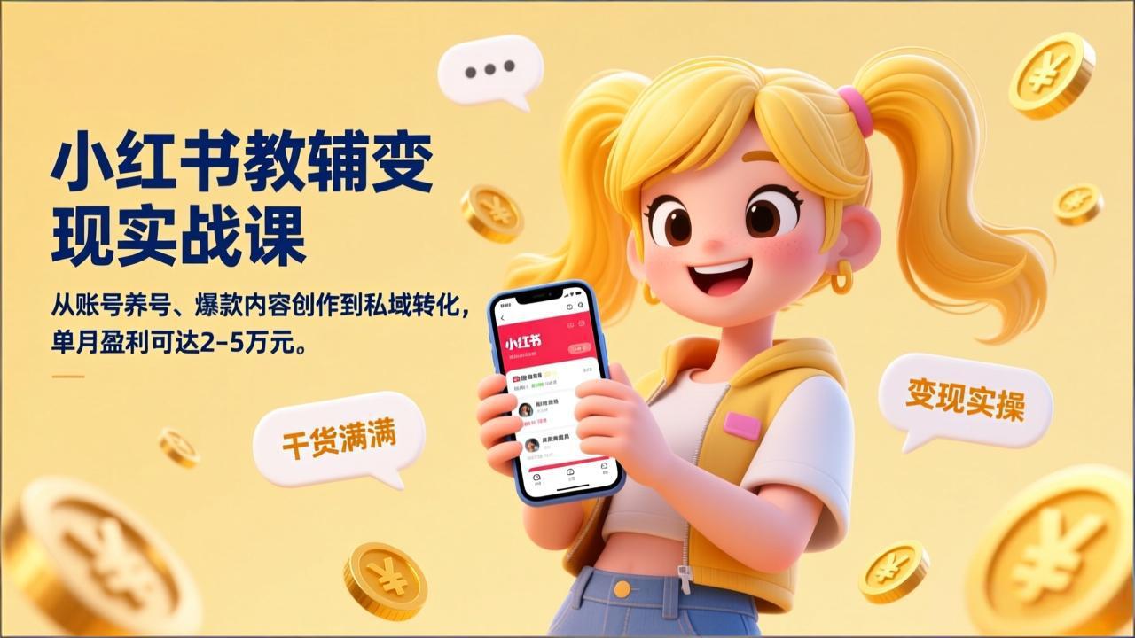 小红书教辅变现实战课，从账号养号、爆款内容创作到私域转化，单月盈利可达2-5万元-项目网