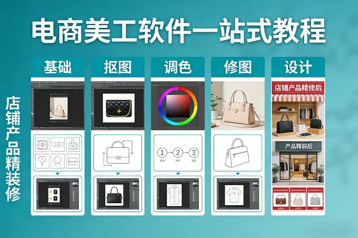 电商美工软件一站式教程，基础/抠图/调色/修图/设计，店铺产品精装修-项目网